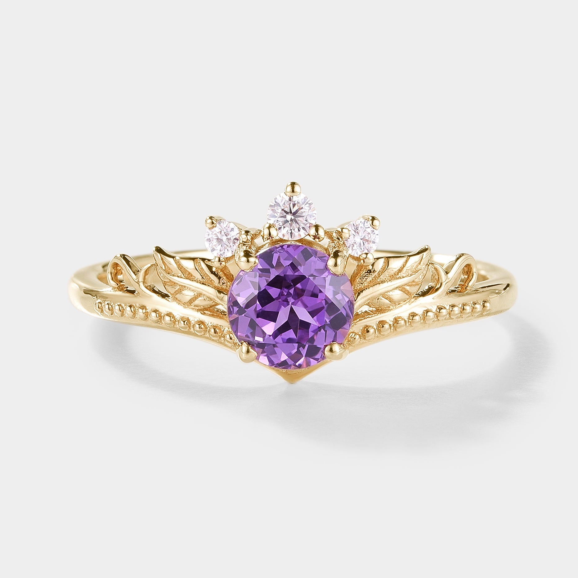 Round Cut Lab Purple Sapphire Leaf Engagement Ring In Yellow Gold