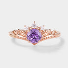 Round cut lab purple sapphire leaf engagement ring from Lahela Jewelry
