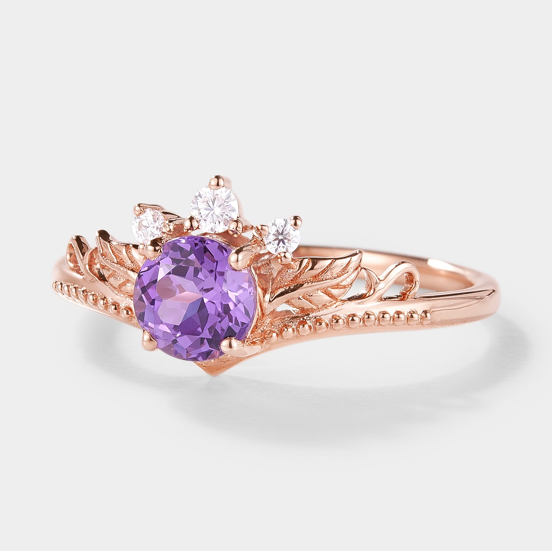 Round Cut Lab Purple Sapphire Leaf Engagement Ring In Rose Gold