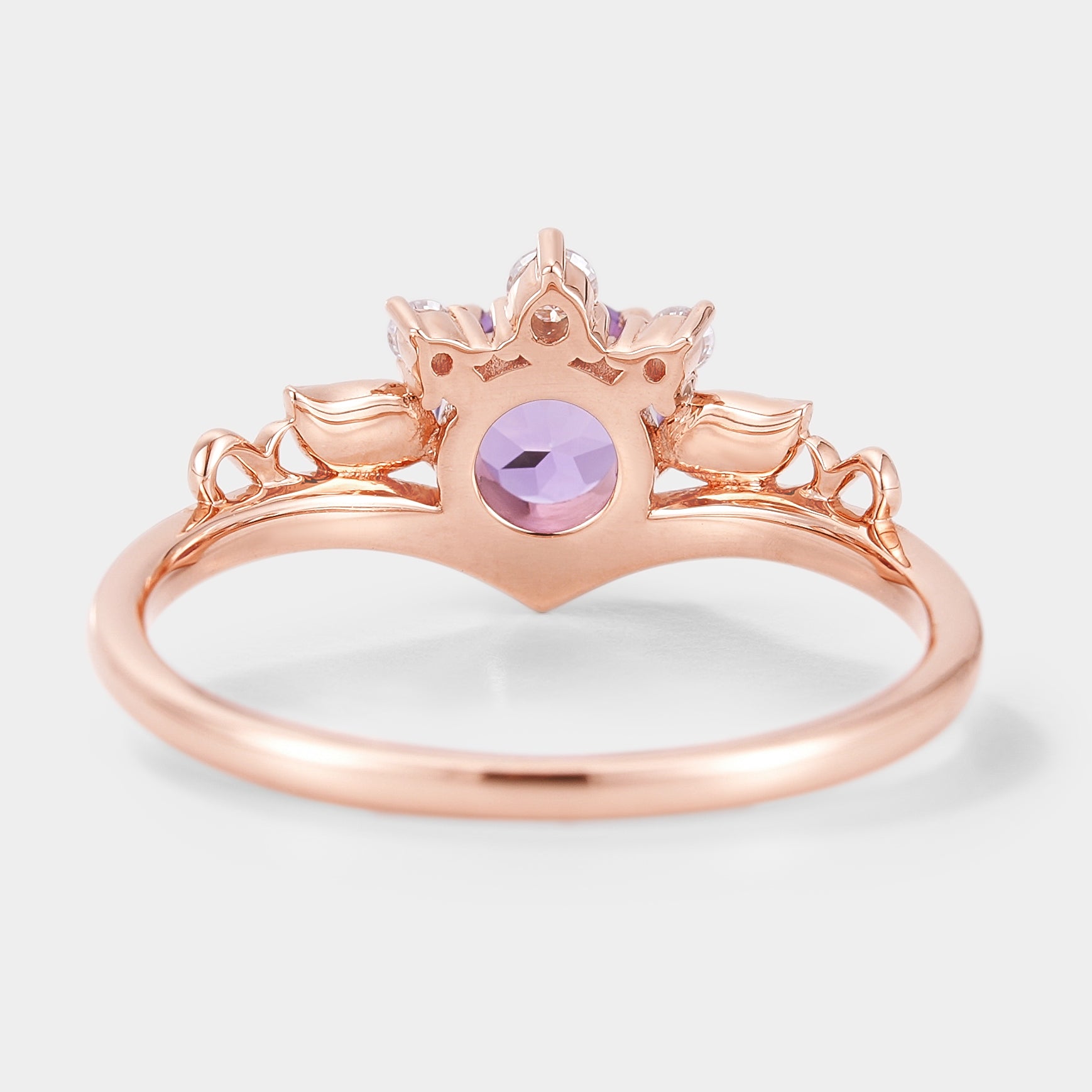 Round Cut Lab Purple Sapphire Leaf Engagement Ring In Rose Gold