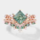 Vintage Princess Cut Moss Agate Bridal Ring Set