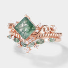 Rose Gold Moss Agate Bridal Ring Set with Moissanite Accents