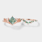 Rose gold moss agate bridal ring set, vintage design, moissanite accents