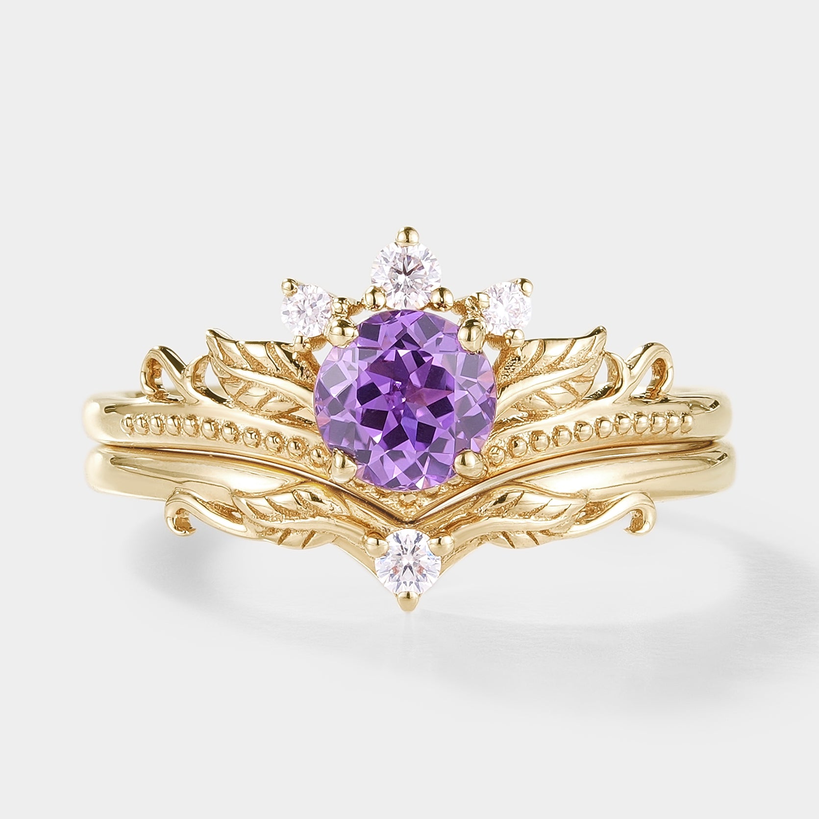 Round Cut Lab Purple Sapphire Leaf Engagement Ring Set 2pcs In Yellow Gold