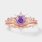 Round Cut Lab Purple Sapphire Leaf Engagement Ring Set