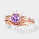 Purple Sapphire Leaf Engagement Ring Set with Moissanite Accents