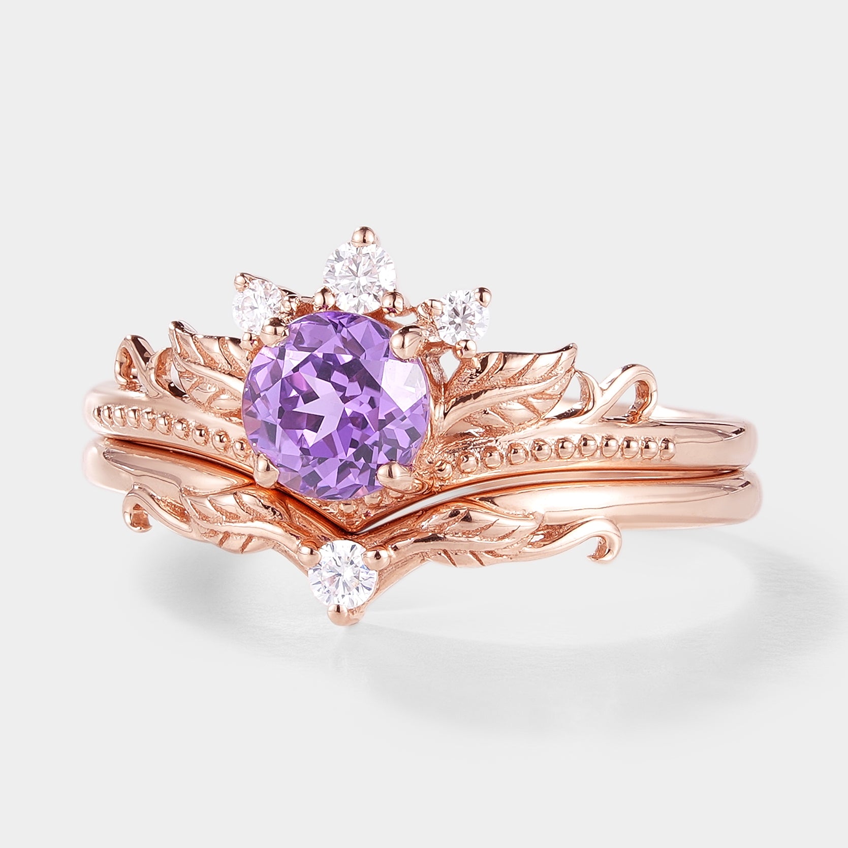 Round Cut Lab Purple Sapphire Leaf Engagement Ring Set 2pcs In Rose Gold