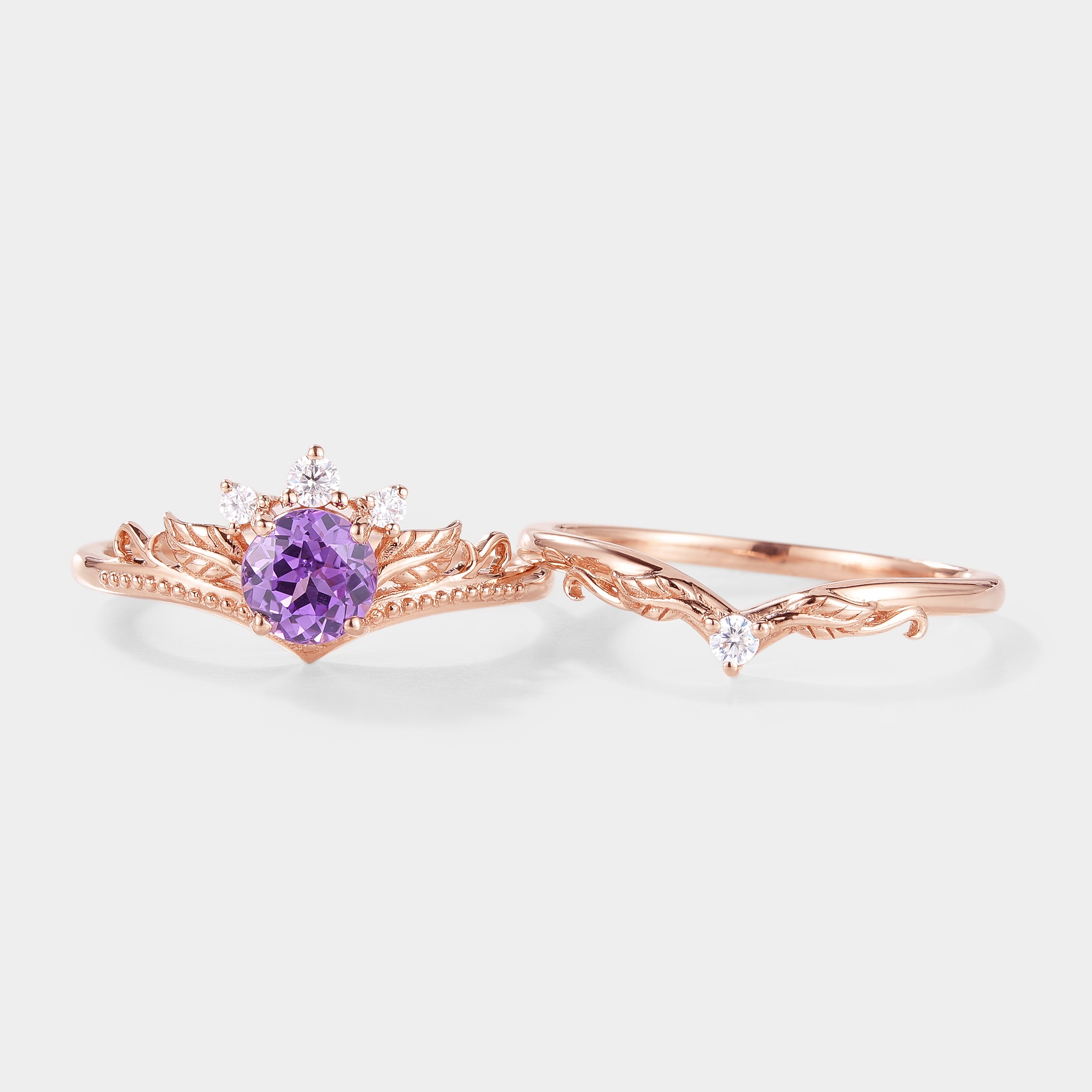 Round Cut Lab Purple Sapphire Leaf Engagement Ring Set 2pcs In Rose Gold