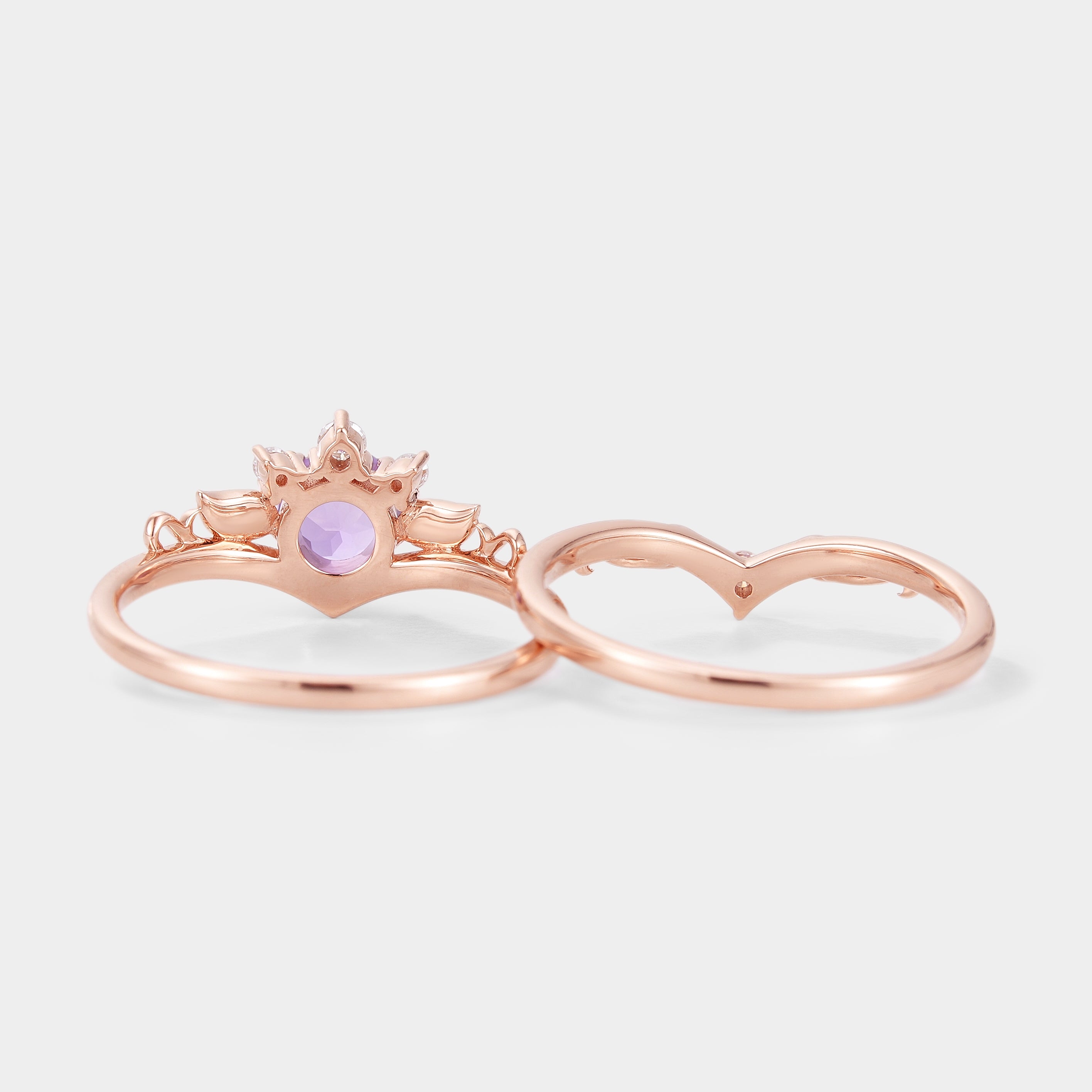 Round Cut Lab Purple Sapphire Leaf Engagement Ring Set 2pcs In Rose Gold