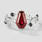 Unique Design Coffin Cut Ruby Ring with Leaf Accents