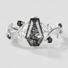 Black rutilated quartz engagement ring with leaf design