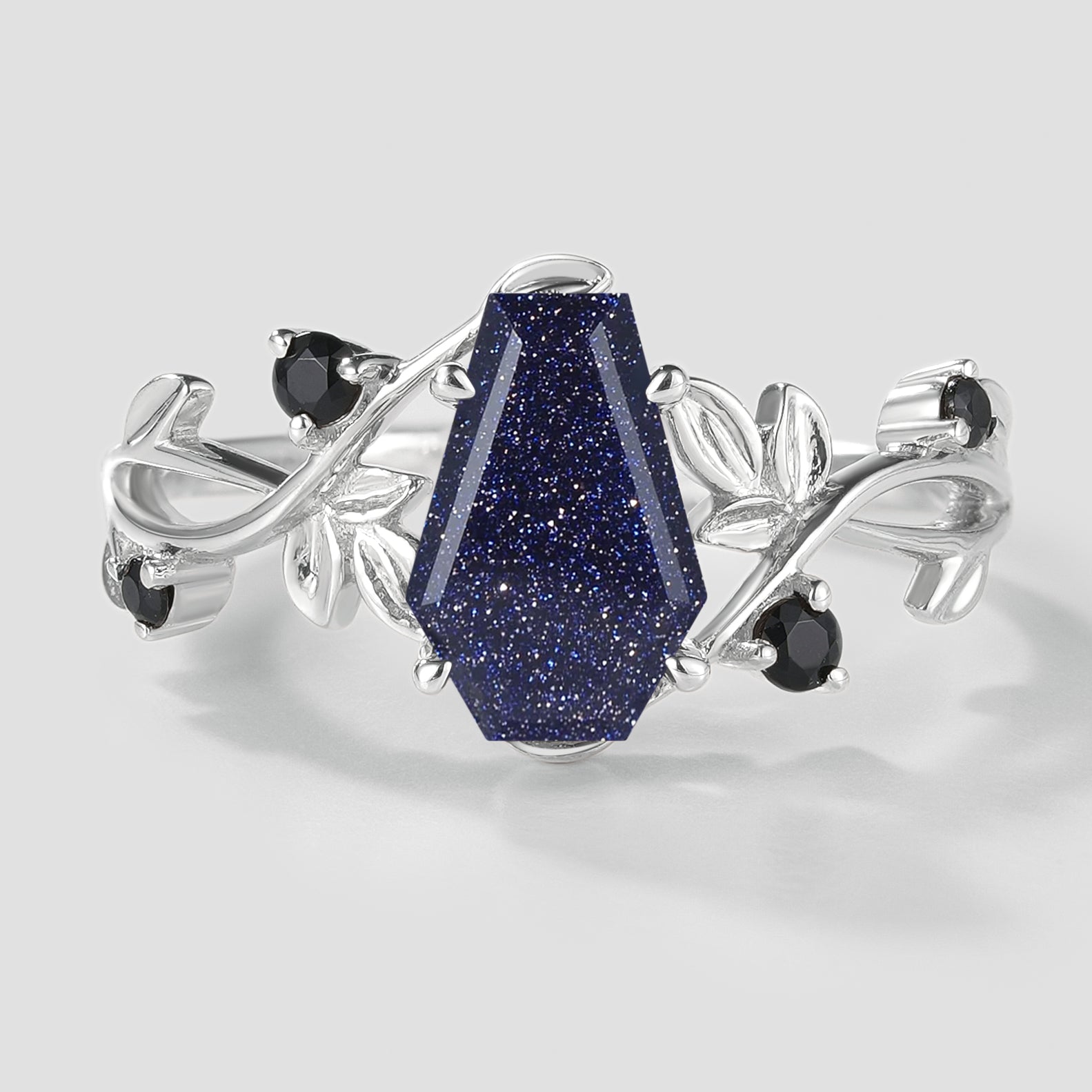 Unique Design Coffin Cut Blue Sandstone Leaf Engagement Ring In White Gold