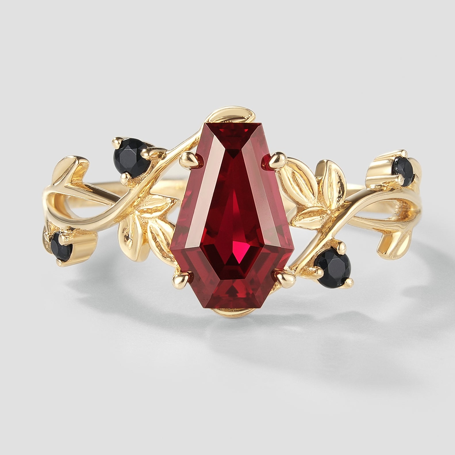 Unique Design Coffin Cut Lab Grown Ruby Leaf Promise Ring In Yellow Gold