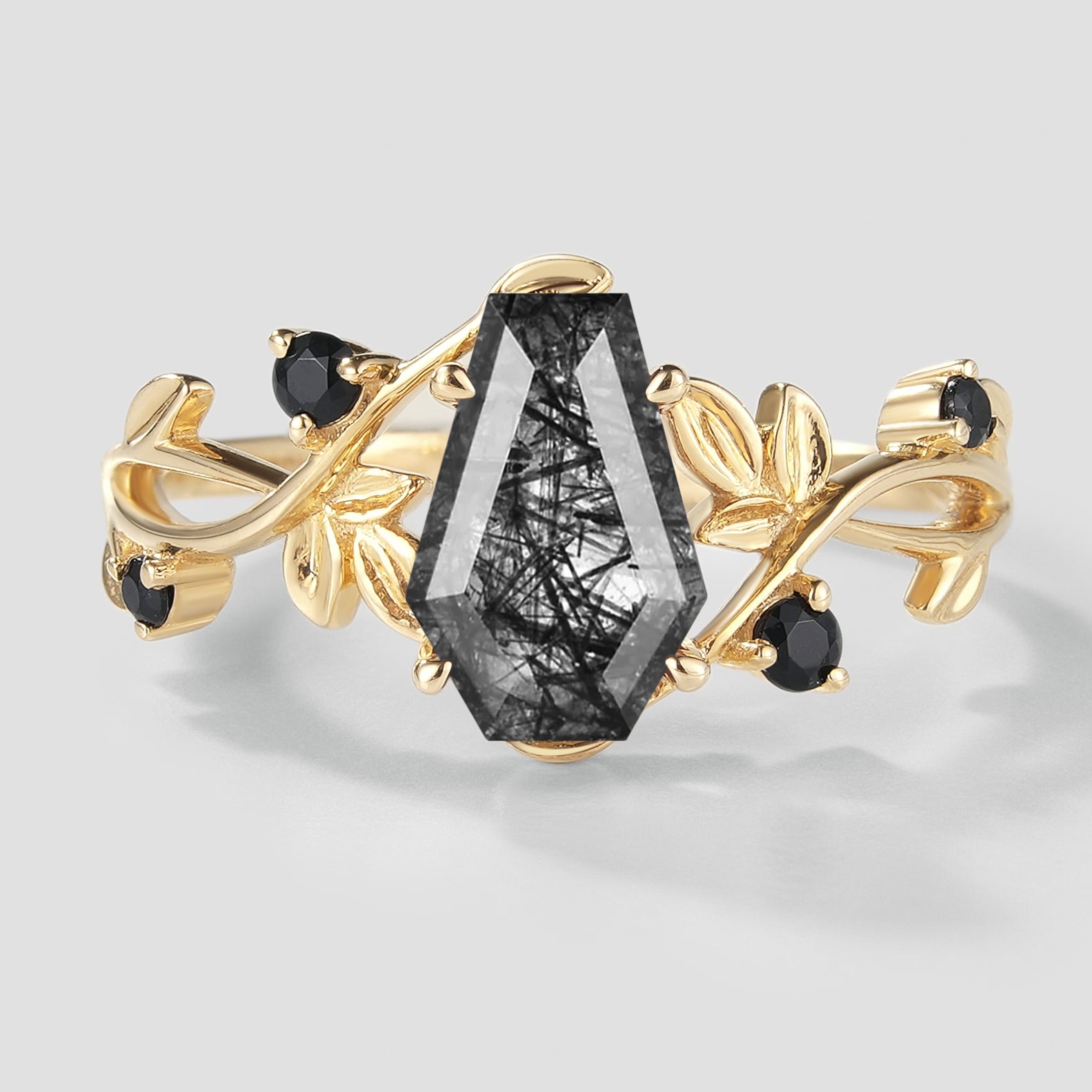 Unique Design Coffin Cut Black Rutilated Quartz Leaf Proposal Ring In Yellow Gold