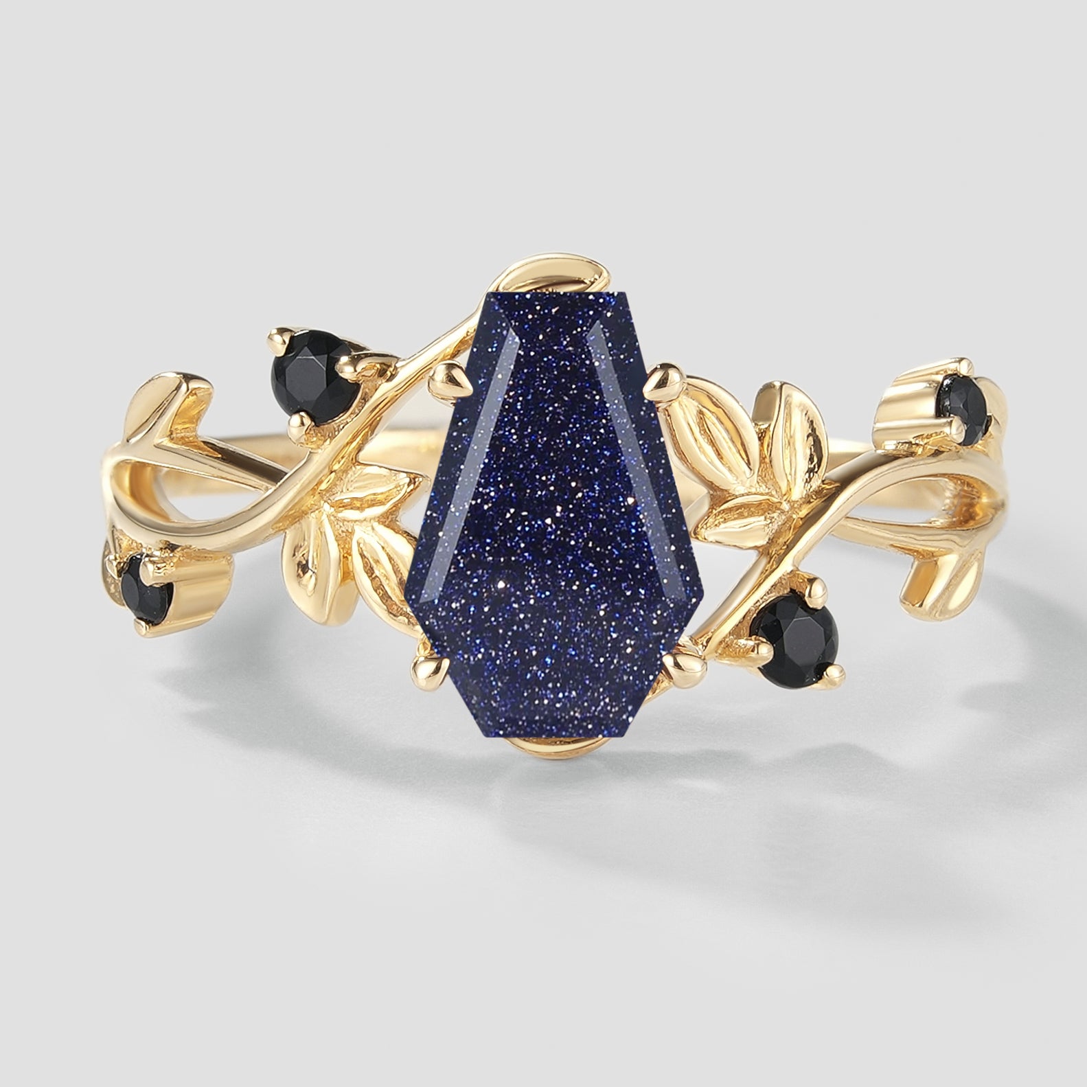 Unique Design Coffin Cut Blue Sandstone Leaf Engagement Ring In Yellow Gold