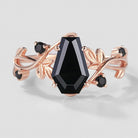 Black onyx coffin cut engagement ring with leaf design