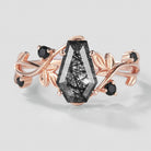Rose gold leaf engagement ring with black rutilated quartz