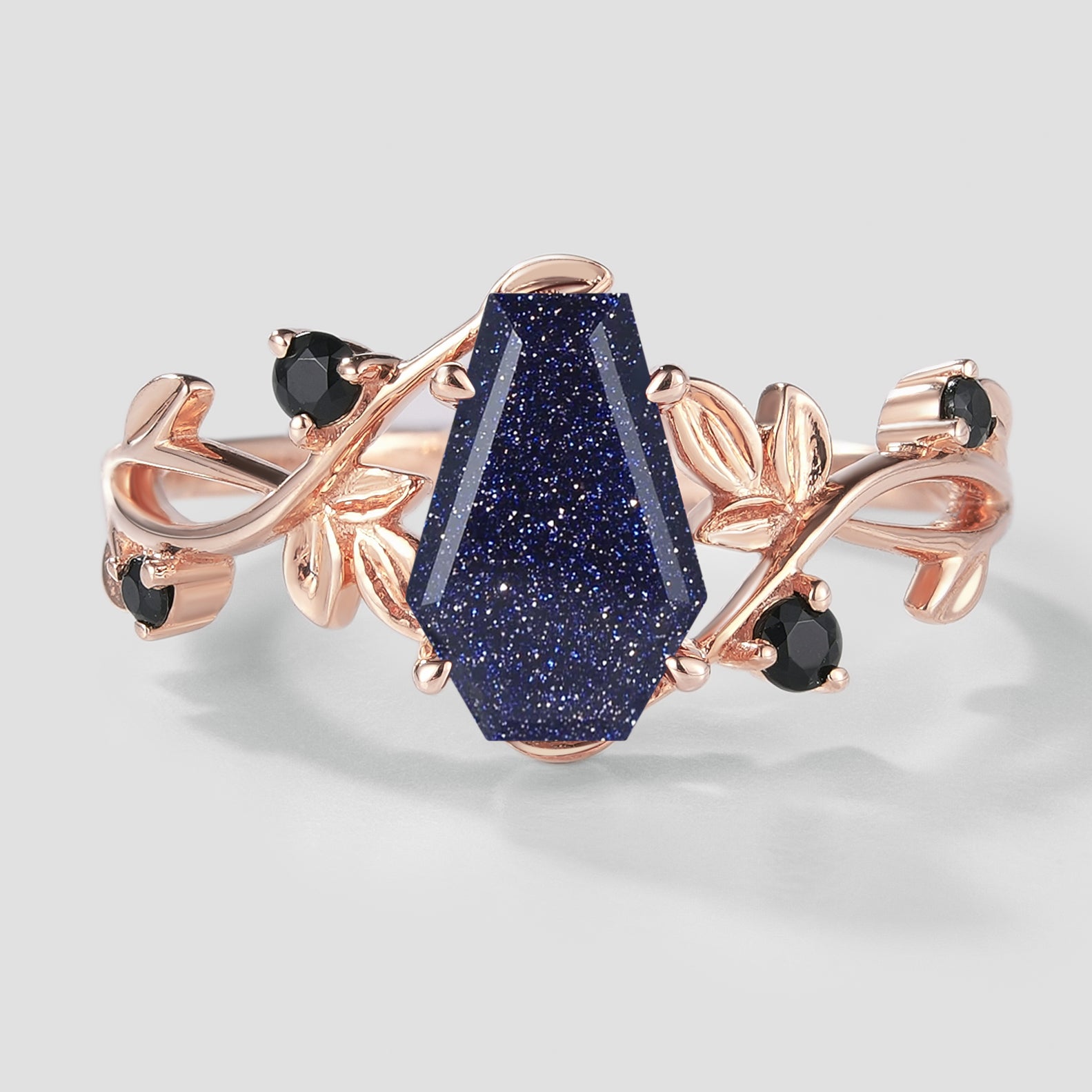 Unique Design Coffin Cut Blue Sandstone Leaf Engagement Ring In Rose Gold