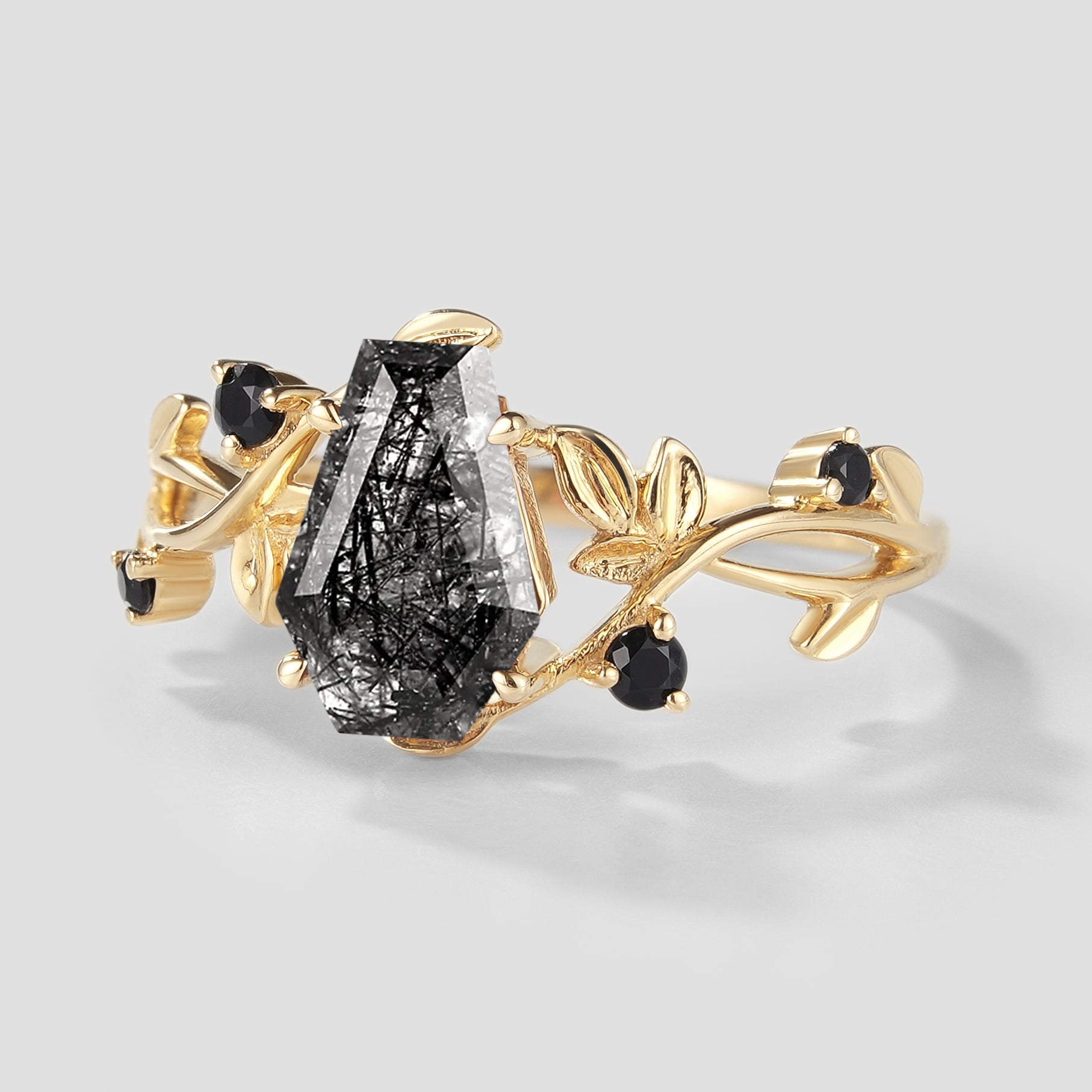 Unique Design Coffin Cut Black Rutilated Quartz Leaf Proposal Ring In Yellow Gold