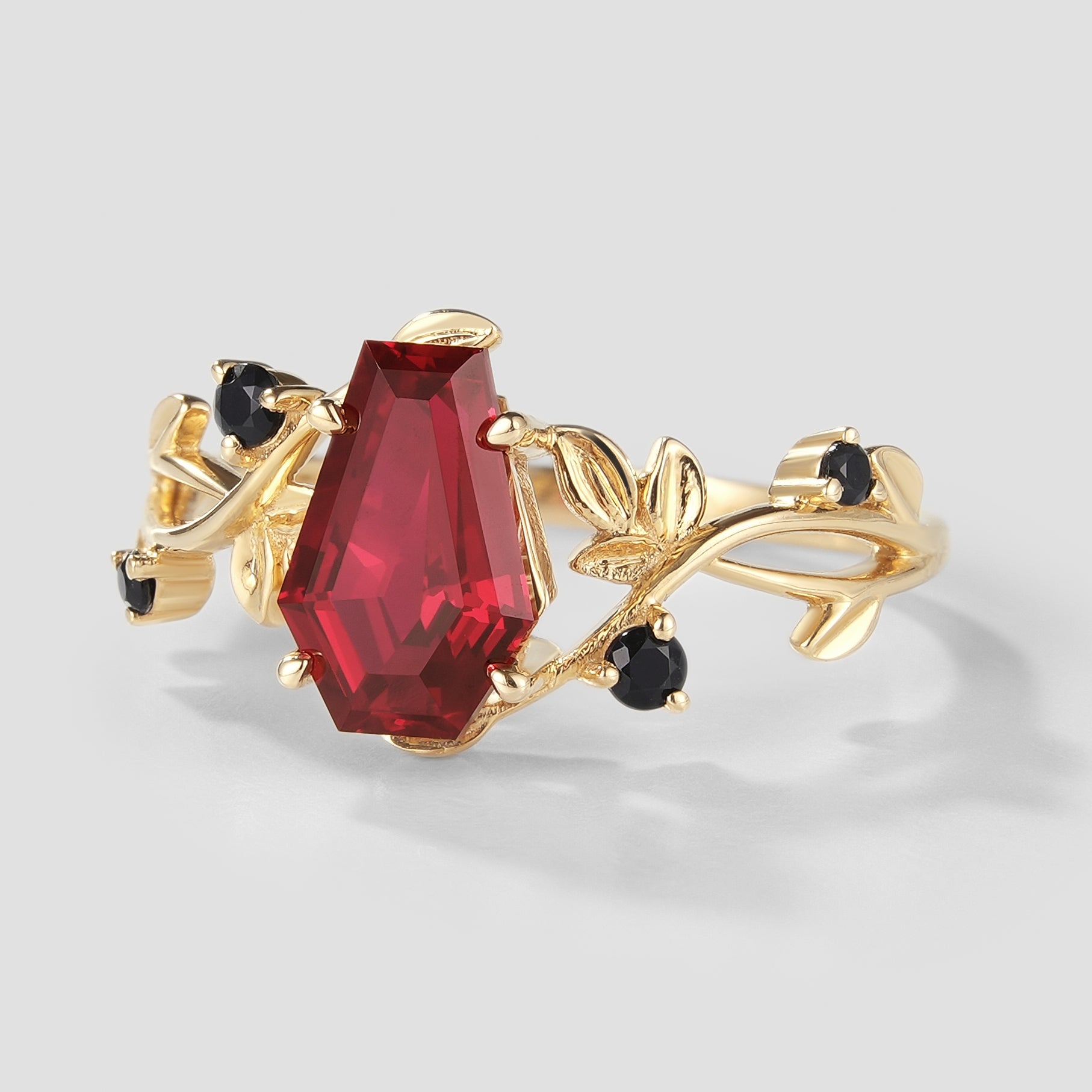 Unique Design Coffin Cut Lab Grown Ruby Leaf Promise Ring In Yellow Gold