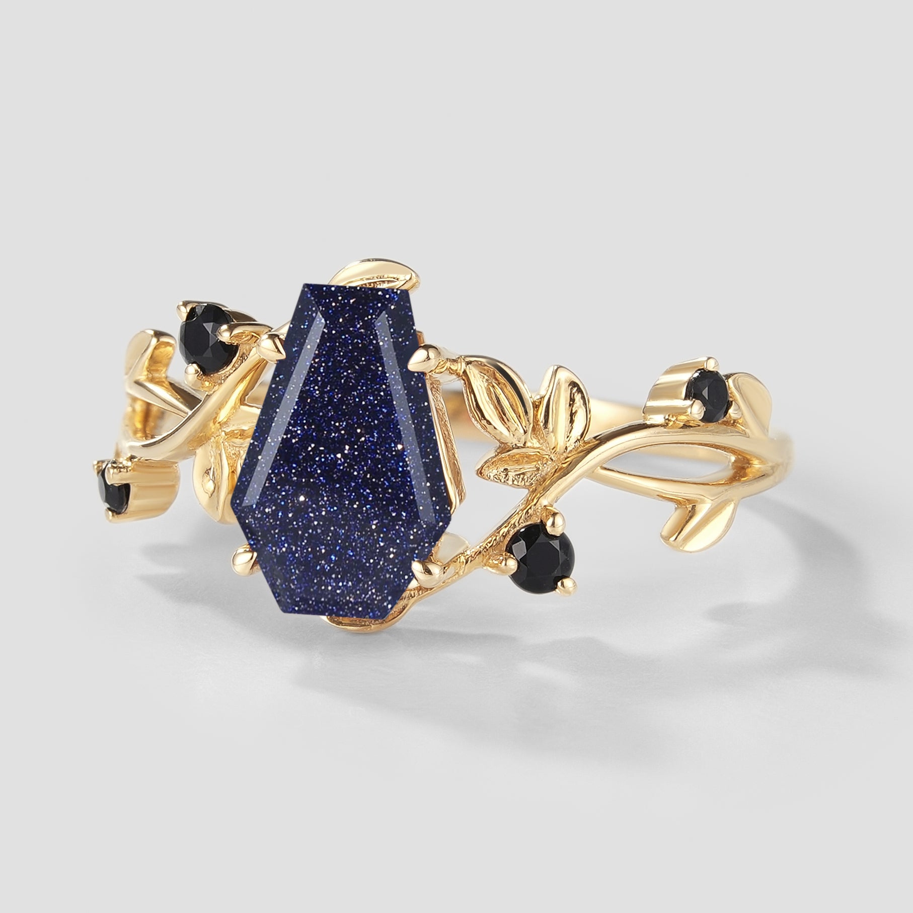 Unique Design Coffin Cut Blue Sandstone Leaf Engagement Ring In Yellow Gold