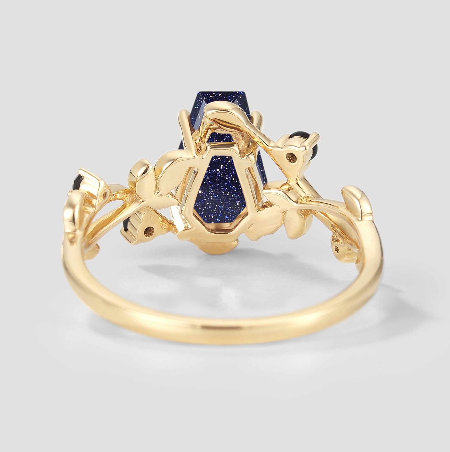 Unique Design Coffin Cut Blue Sandstone Leaf Engagement Ring In Yellow Gold