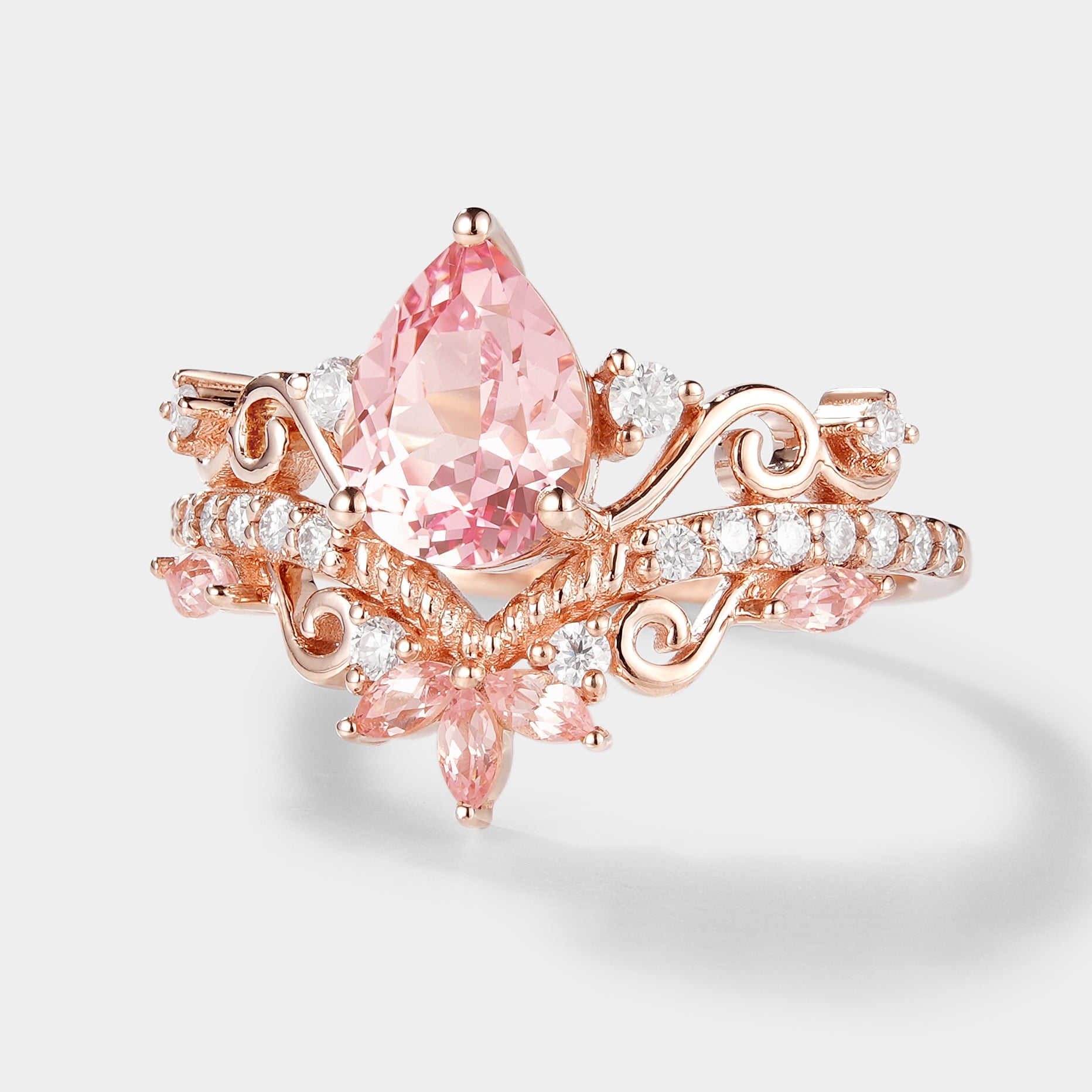 Pear Cut Lab Padparadscha Pink Sapphire Engagement Ring In Rose Gold