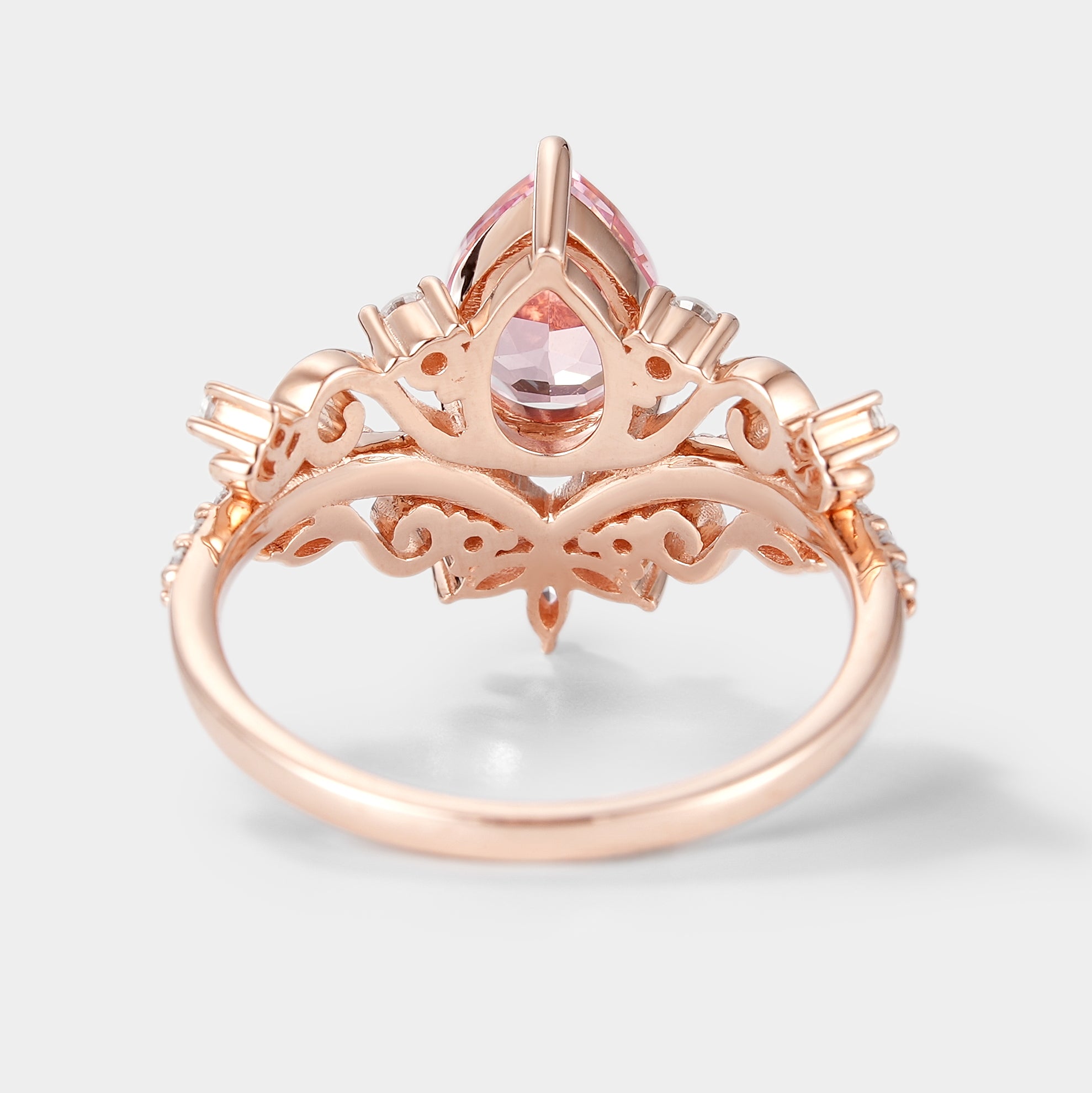 Pear Cut Lab Padparadscha Pink Sapphire Engagement Ring In Rose Gold