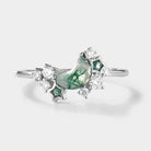 Celestial-inspired moss agate engagement ring, star and moon accents