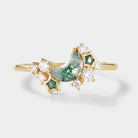 Gold celestial moss agate engagement ring with stars and moon
