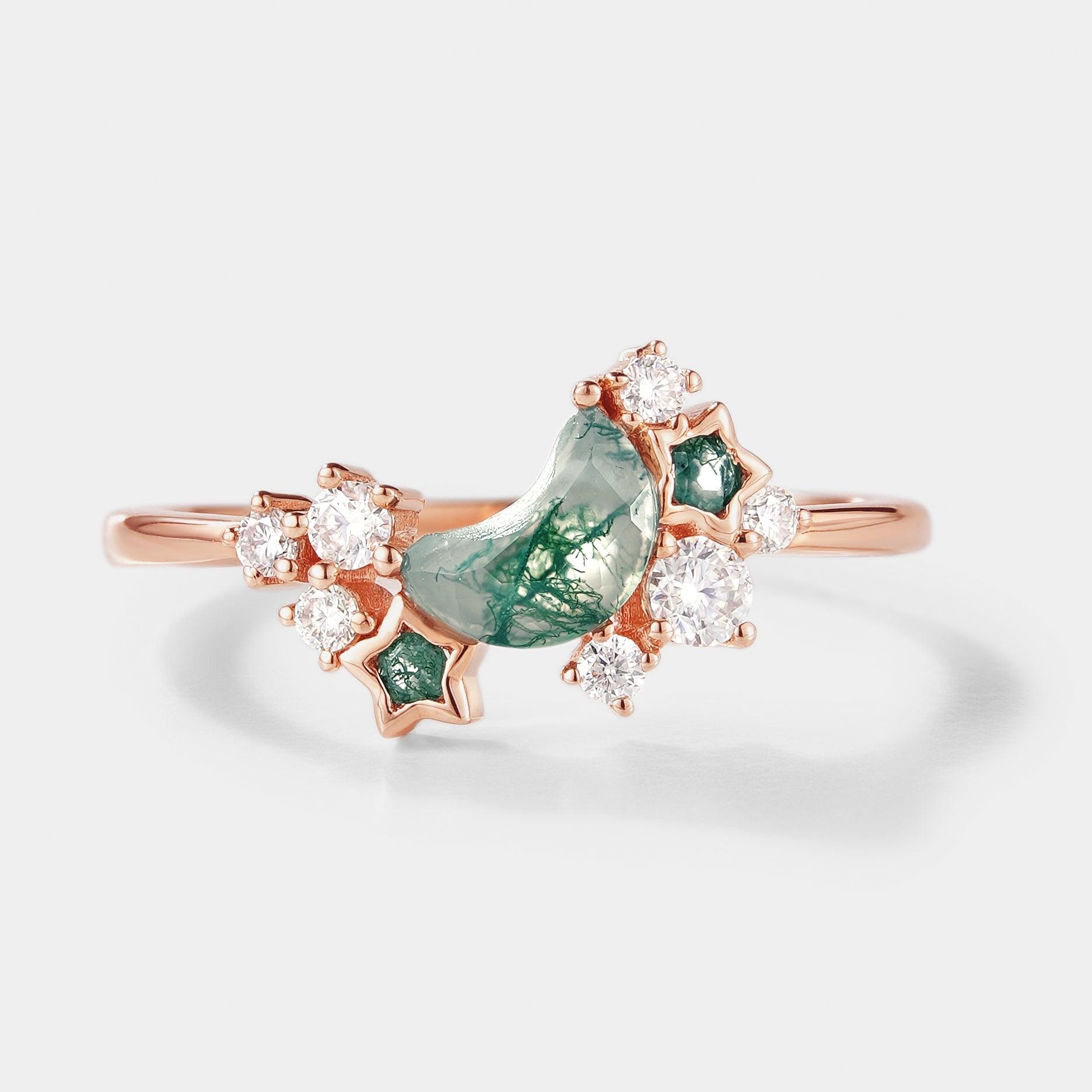 Unique Star & Moon Moss Agate Engagement Ring In Rose Gold