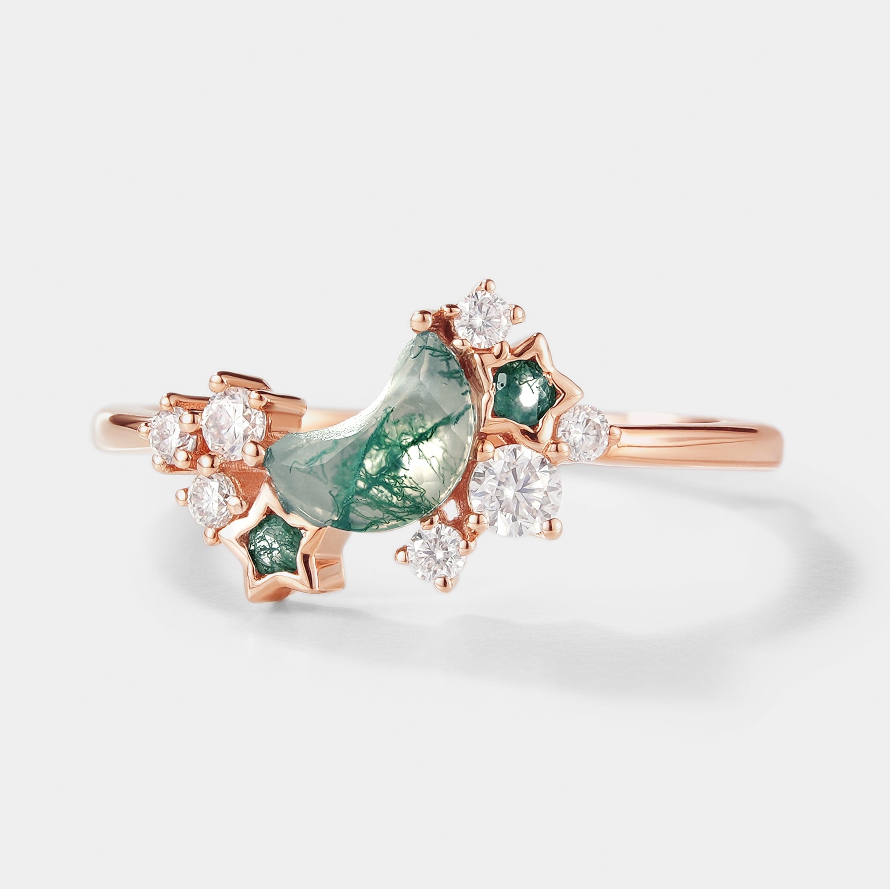 Unique Star & Moon Moss Agate Engagement Ring In Rose Gold