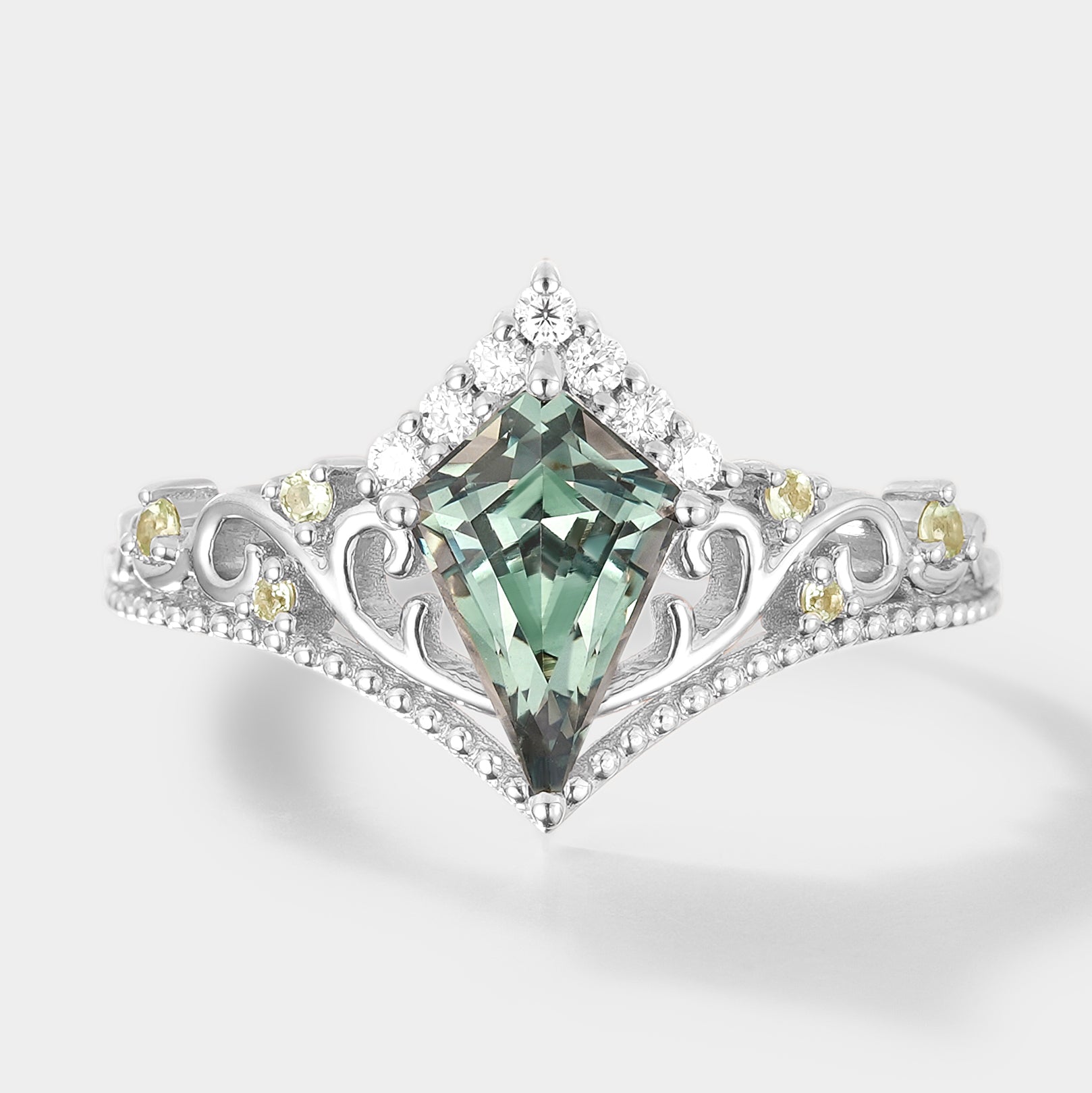 Kite Cut Lab Green Sapphire Promise Ring with unique design