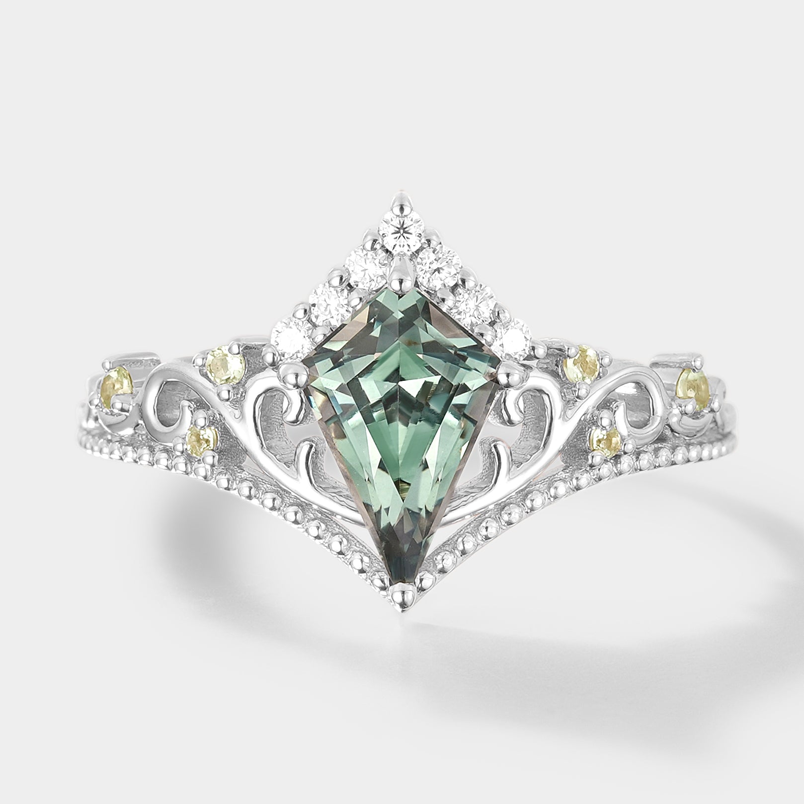 Unique Kite Cut Lab Green Sapphire Promise Ring In White Gold