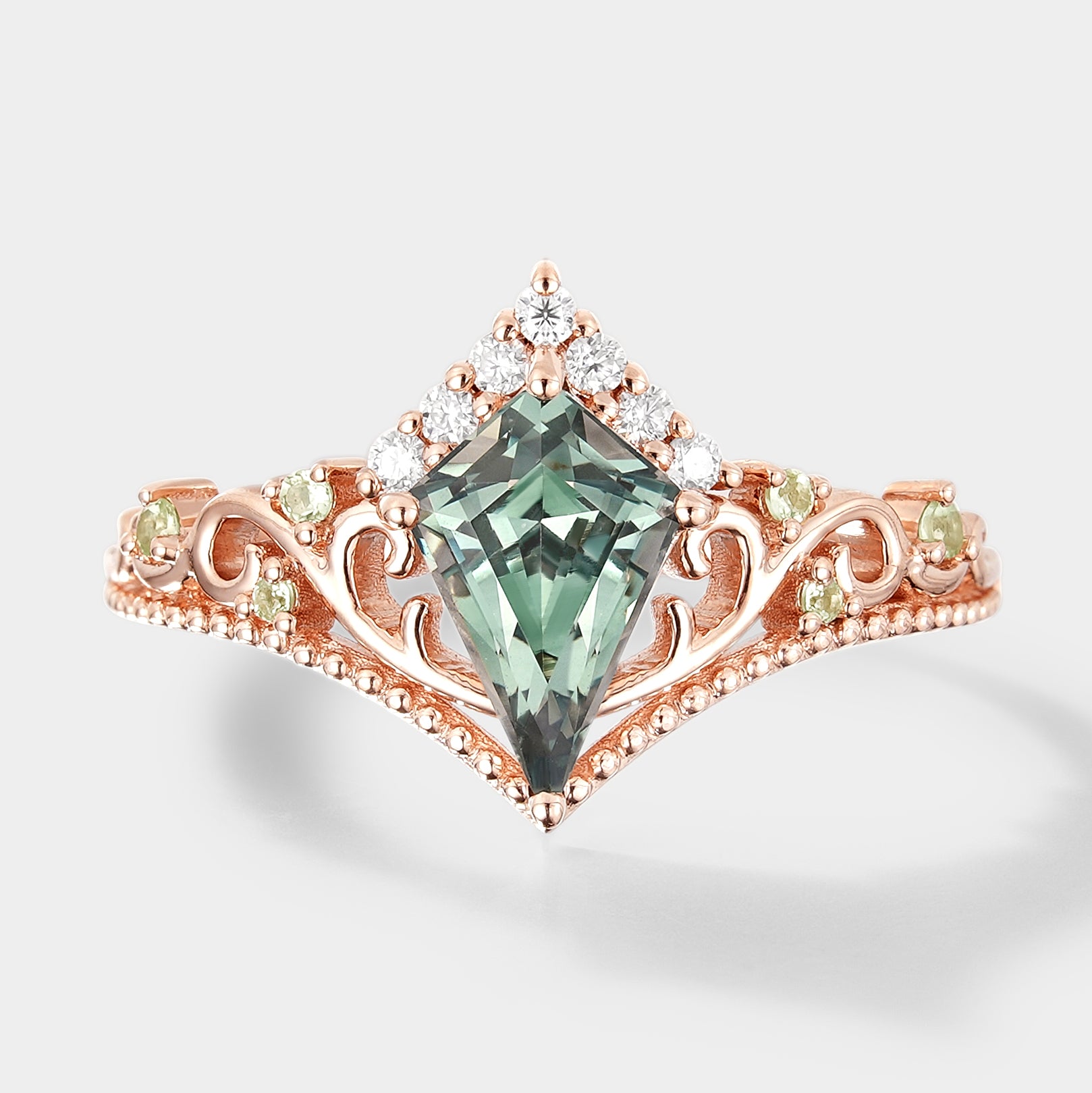 Unique Kite Cut Lab Green Sapphire Promise Ring In Rose Gold