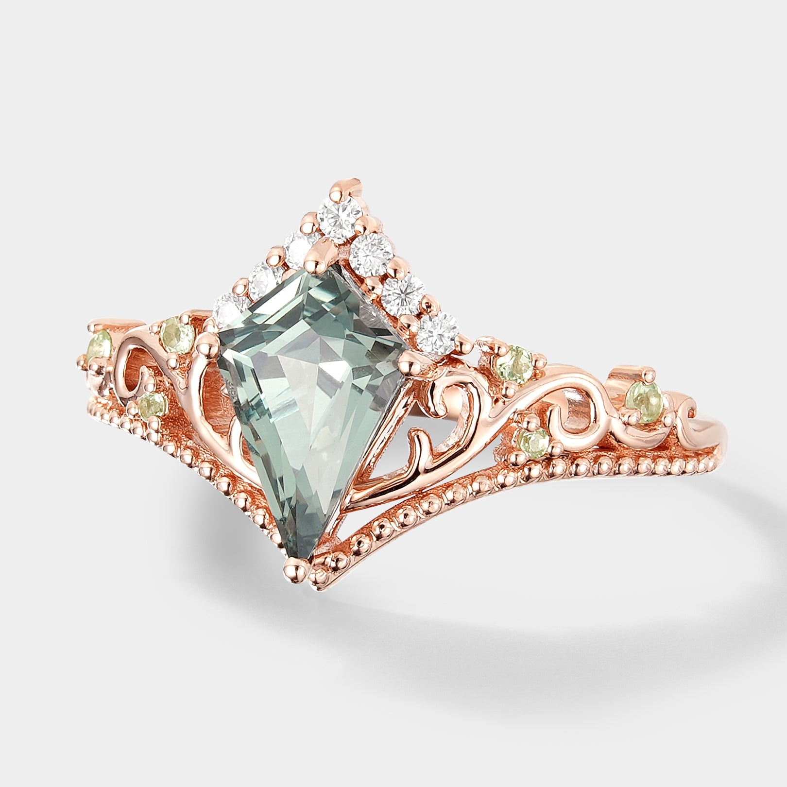 Unique Kite Cut Lab Green Sapphire Promise Ring In Rose Gold