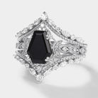 Black Onyx Coffin Cut Engagement Ring Set with Floral Moissanite Accents