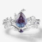 Pear Cut Alexandrite Leaf Inspired Wedding Ring Set with Moissanite Accents