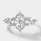 Oval moissanite engagement ring with leaf design, white gold band, Aurelia ring. Bridal set.