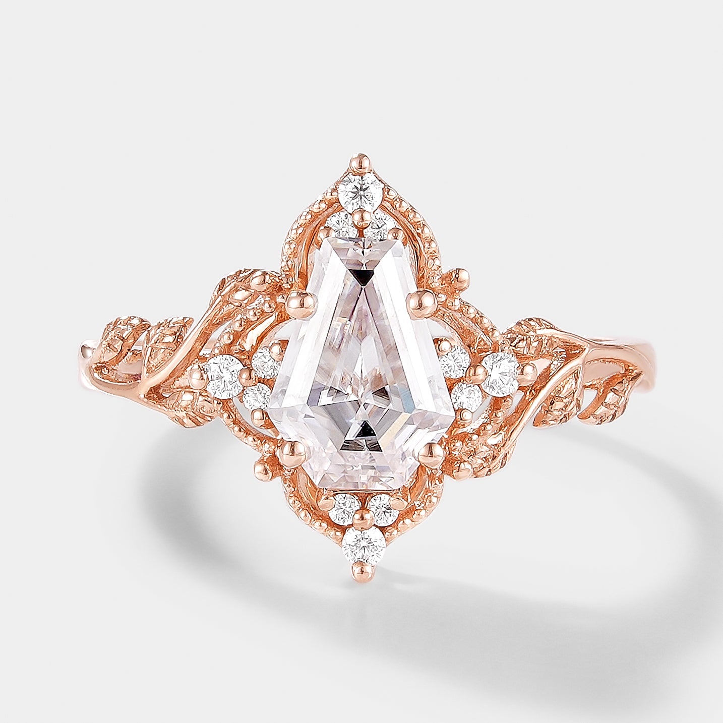 Unique Design Coffin Cut Moissanite Leaf Engagement Ring In Rose Gold