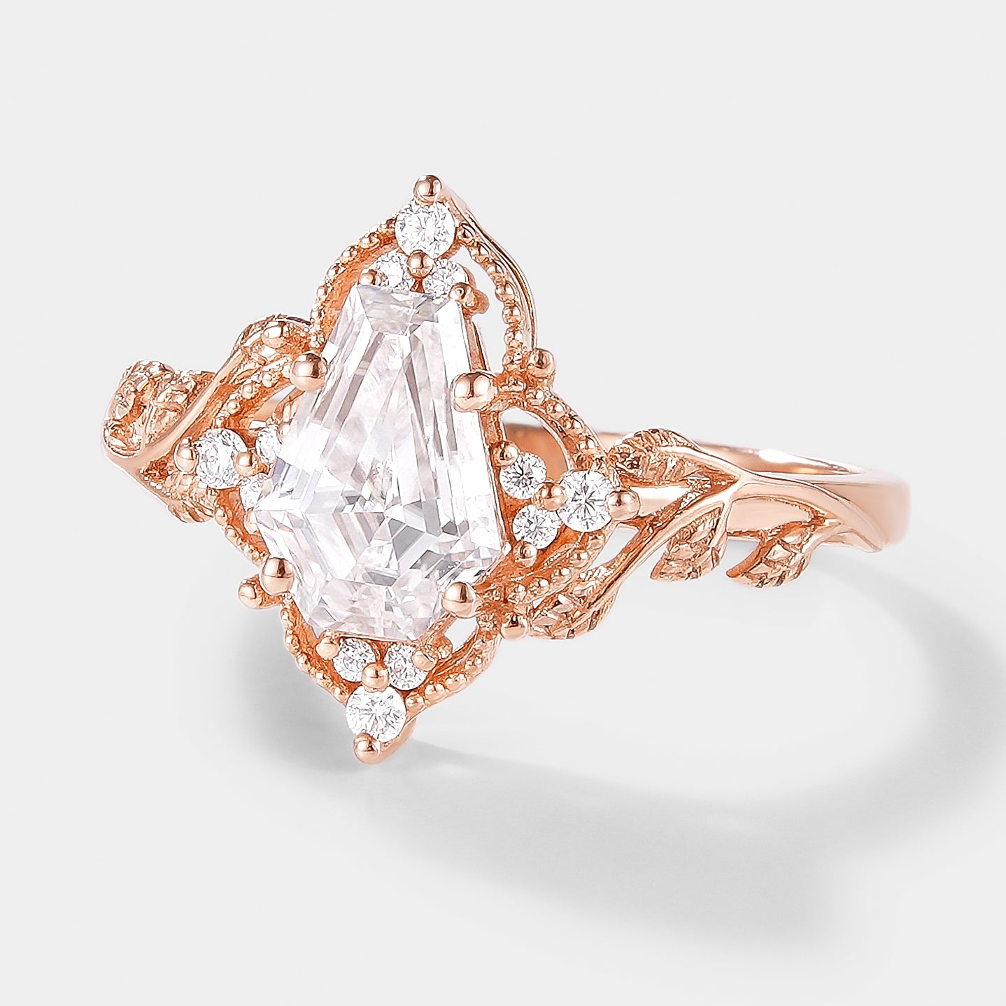 Unique Design Coffin Cut Moissanite Leaf Engagement Ring In Rose Gold