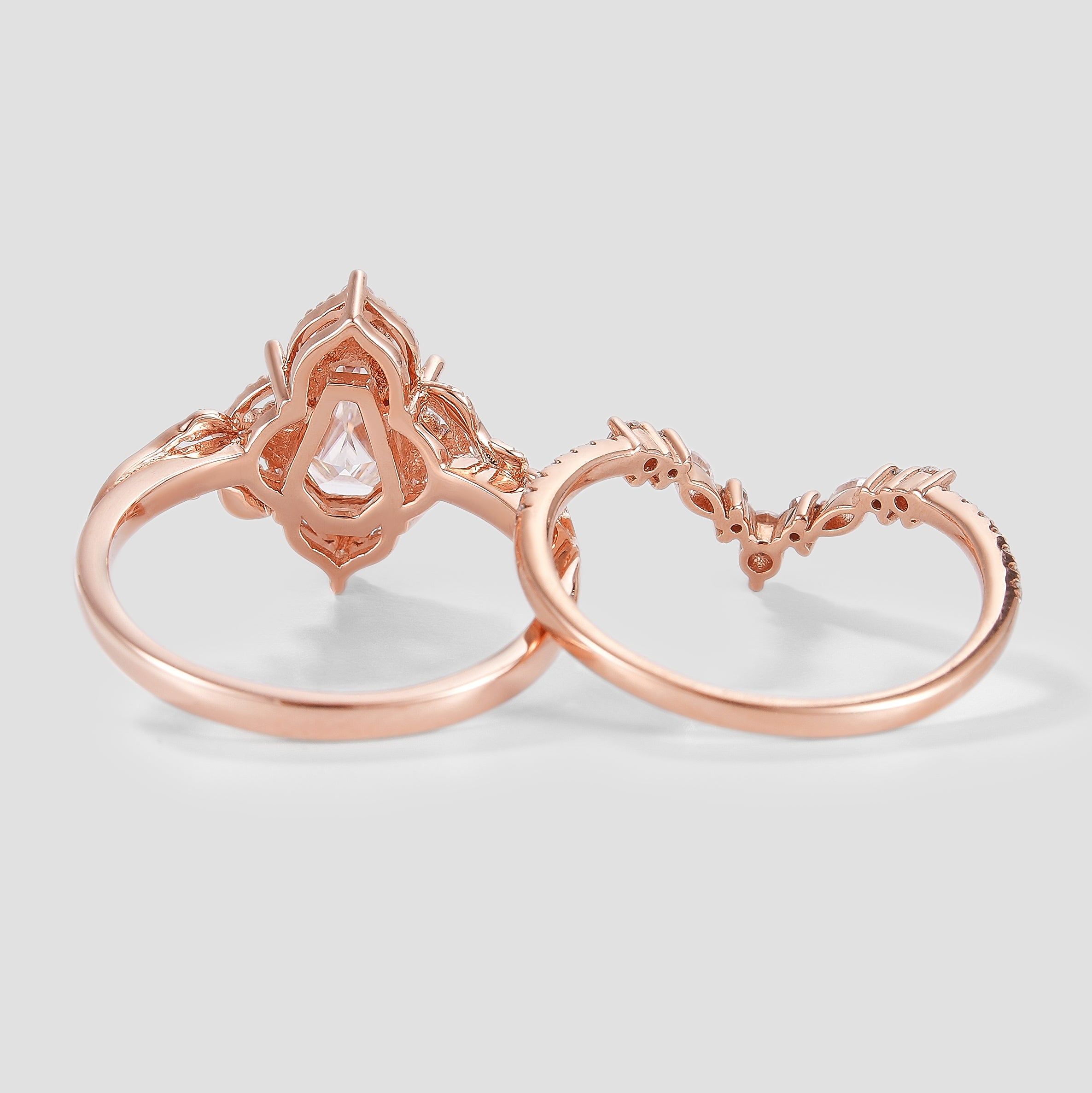 Rose gold leaf bridal set, coffin cut moissanite engagement ring