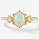 Oval cut opal engagement ring Floralis with floral design in yellow gold, moissanite accents, bridal set, wedding rings