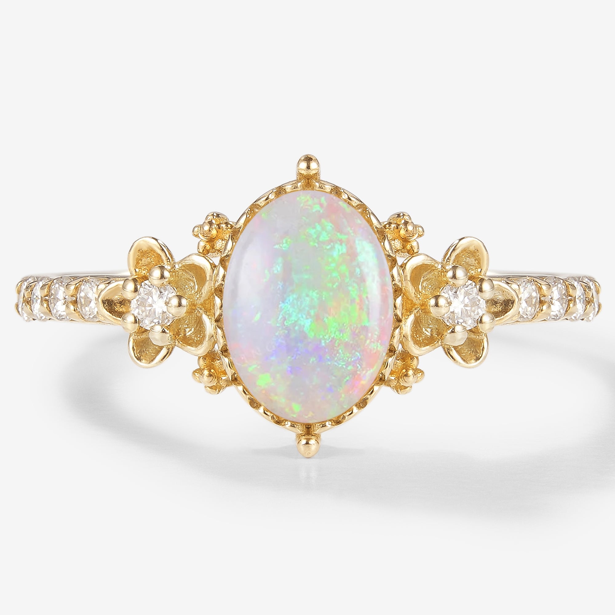 Oval cut opal engagement ring Floralis with floral design in yellow gold, moissanite accents, bridal set, wedding rings