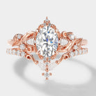 Rose gold leaf design engagement ring set with oval cut moissanite, wedding ring set, bridal set, vintage style