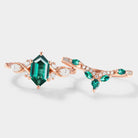 Rose gold lab emerald engagement ring set with hexagon cut emerald & moissanite accents. Bridal set.