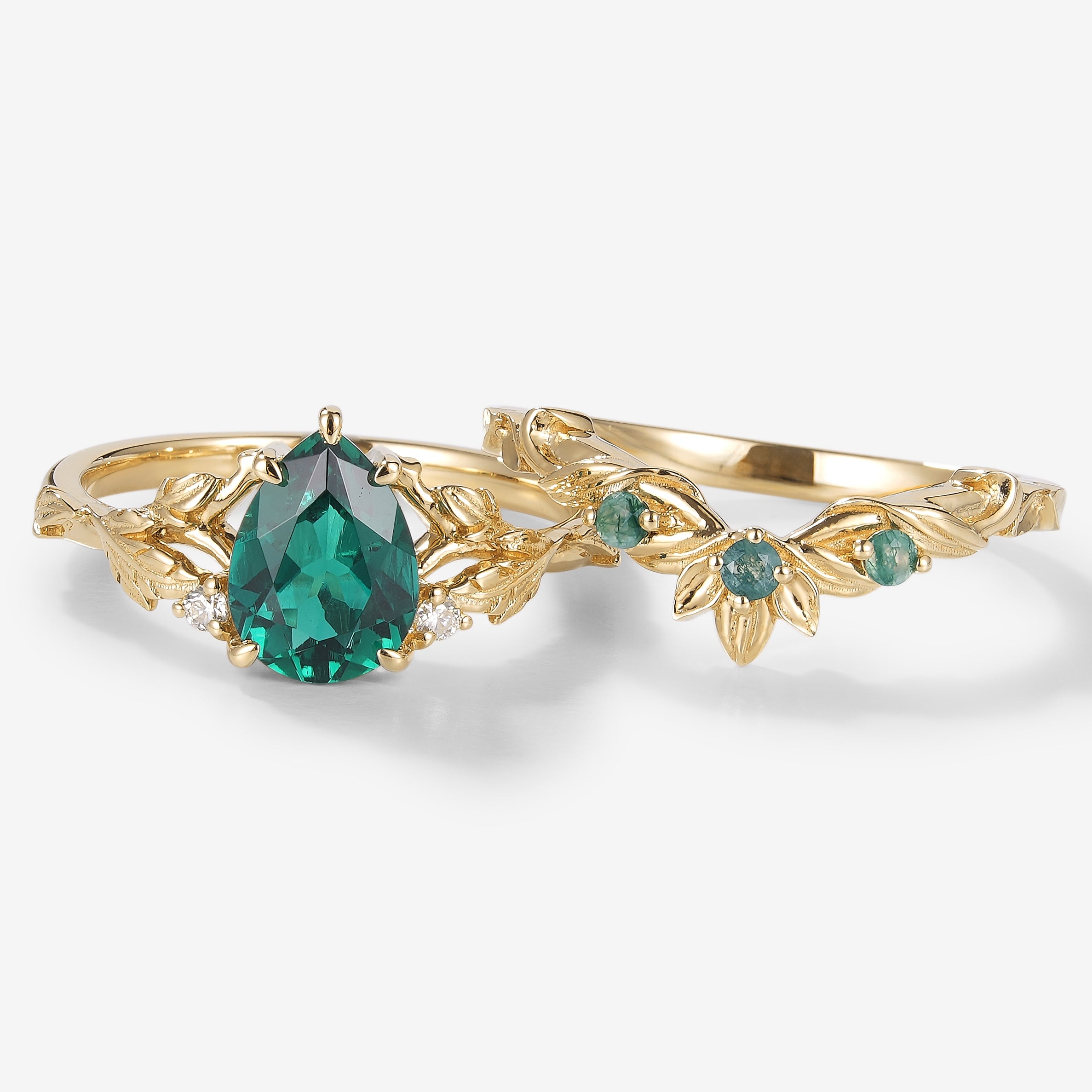 Gold pear cut emerald leaf bridal set with moss agate band. Vintage engagement and wedding ring set.