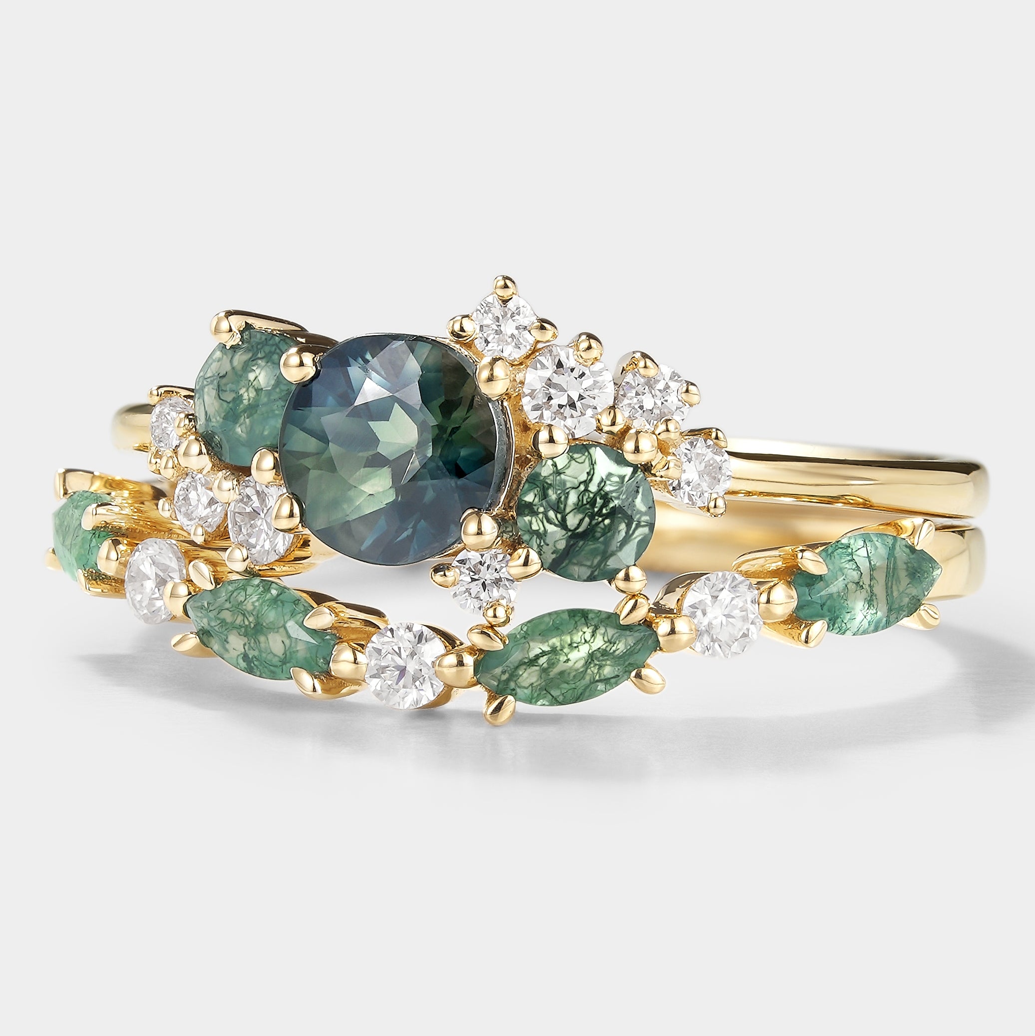 Teal sapphire, moss agate, moissanite bridal set in gold, vintage engagement ring & wedding band.