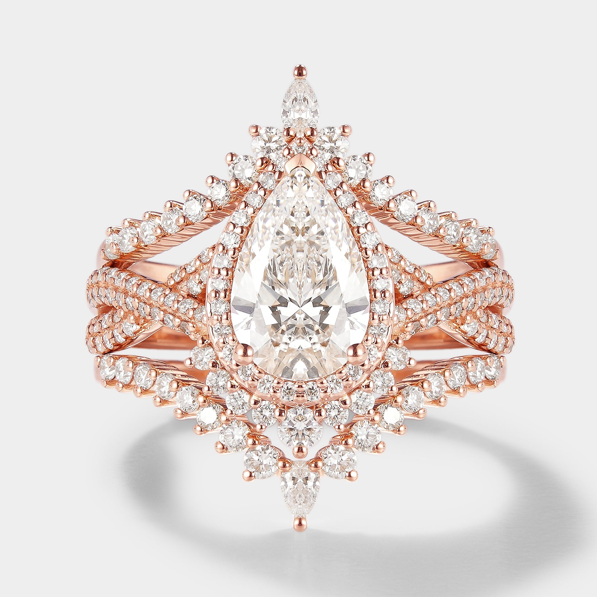 Rose Gold Pear Cut Moissanite Engagement Ring Set
