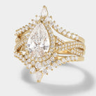 Unique Pear Cut Halo Moissanite Engagement Ring Set, gold band